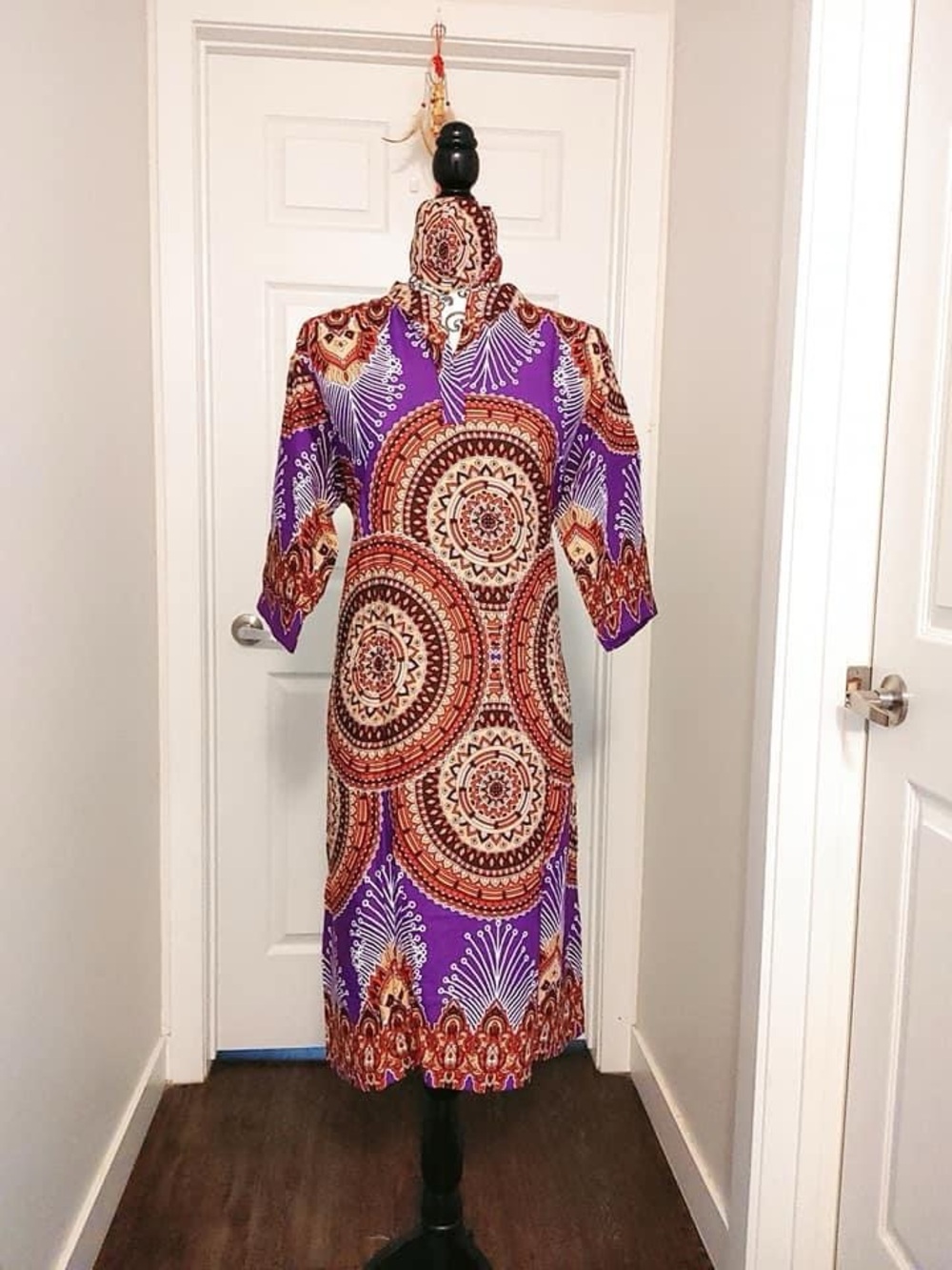 Purple Mandala-Print Long Sleeve Midi Dress